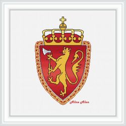 Cross stitch pattern Coat of arms Norway shield golden lion crown axe heraldry country counted crossstitch patterns PDF