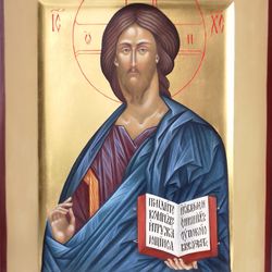 Icon of Jesus Christ the Pantocrator. Hand painted icon Lord orthodox icon original egg tempera on wood with Gold Leaf