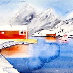 Original watercolor painting, Fishing House Norwegian, 11 by 14 inches.