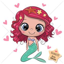 cute cartoon little mermaid png, clipart, sublimation design, adorable, print, clip art, hearts, pink