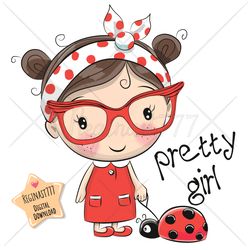 Cute Cartoon Girl PNG, clipart, Glasses, Ladybug, Sublimation Design, Adorable, Print, clip art, Red