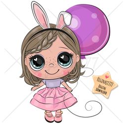 cute cartoon girl png, clipart, sublimation design, birthday party, print, clip art, balloon, pink