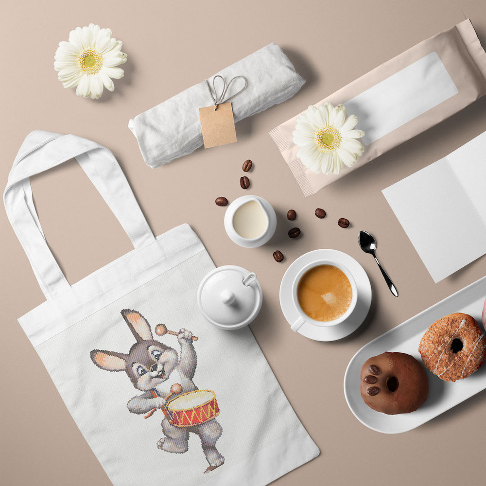 5 Funny Bunny with drum cross stitch pattern cross stitch chart for home decor and gift.jpg