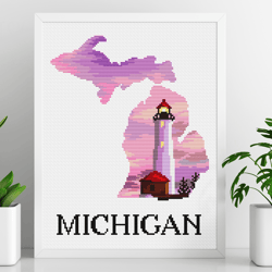 Silhouette Michigan cross stitch patterns, US states cross stitch, Crisp Point lighthouse cross stitch, Digital PDF