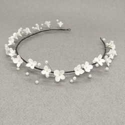 flower crown with white flowers and pearls | bridal hair piece headband minimalism wedding headpiece