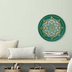 Green flower mandala round painting Meditation home decor Symmetical pattern art