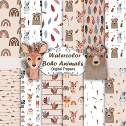 Watercolor boho woodland animals, seamless patterns.