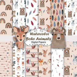 watercolor boho woodland animals, seamless patterns.