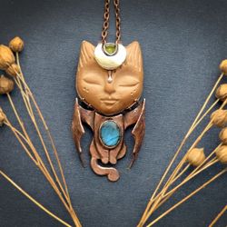 bastet pendant with labradorite, cat, copper jewelry