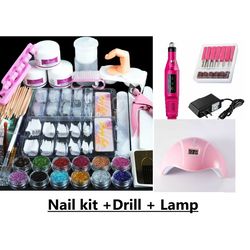 NEW Acrylic nail kit with Lamp Drill Powder Nail Art Tool Set Full Nail Tips Brush Manicure Tool Kit for beginners gift