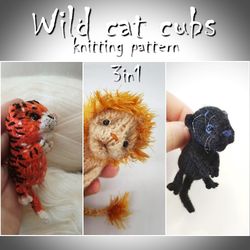 Wild cat knitting pattern, cub kitten, predator cub, tiger, lion, panther, puma, cougar knitting tutorial, guide DIY