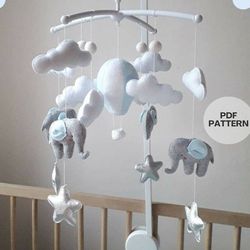 PDF Elephant baby mobile Pattern , Tutorial DIY nursery mobile Hot air balloon , Baby shower gift Sewing Pattern