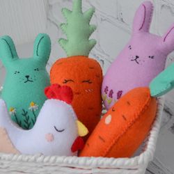 Easter ornament set of 5, Easter bunny egg, Felt Easter chicken, Egg plushie, Plush carrot, Easter table decor