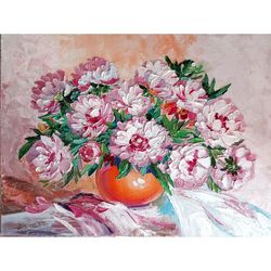 Oil Painting Pink Peonies Original Art Peony Bouquet Artwork Floral Still Life by NataSavaArt
