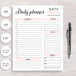 Daily Planner Page Printable, Daily Organizer, Planner inserts, Notebook Refill, Daily Schedule, Work Planner