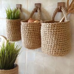 Hanging wall baskets Set of 3 Vegetable baskets Hanging fruit baskets Crochet jute basket Rustic baskets set