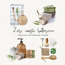 Zero Waste Lifestyle Watercolor Png Clipart. Eco Friendly Illustrations. Reusable Bathroom Accessories. NatArtStudio.