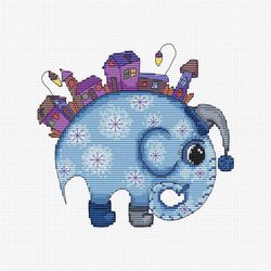 Cute Little elephant PDF cross stitch pattern Blue Elephant counted pdf - Winter embroidery counted cross stitch pdf