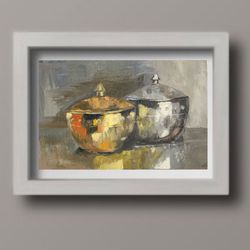 Gold and silver still life original oil painting hand painted modern impasto painting wall art 6x9 inches