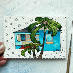 Hawaii painting Palm Original art Mini Watercolor card by Rubinova