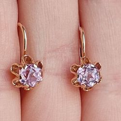 Vintage 14K Earrings in the shape of a rose flower with Alexandrite stone change colour USSR 583 Rose Gold with star Sov