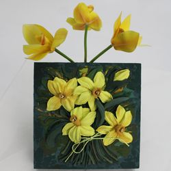 3d daffodils, decorative plaster painting, sculptural painting