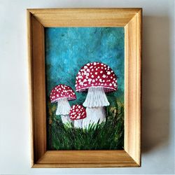 Realistic mushroom painting, Toadstool picture, 3 mushrooms, Impasto painting, Small wall decor