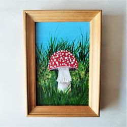 Mushroom art painting, Toadstool picture, Small wall decor, Fly agaric drawing, Painting impasto