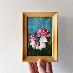 Painting mushroom a toadstool, Fly agaric small wall decor, Mushroom art impasto, Mushroom painting acrylic