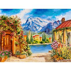 oil painting italy sorrento original art mediterranean landscape artwork cozy courtyard wall art by natasavaart