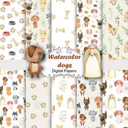 Watercolor dogs, seamless patterns.