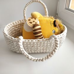 Doll Moses Basket with handles, Crochet doll cradle, Knitted doll crib