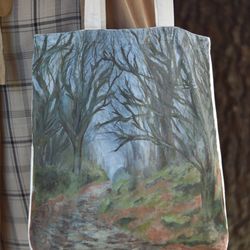 hand painted bag, shopper bag, shopping bag, handmade bag, forest painting, landscape painting, forest art