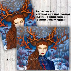 transfer print winter deer girl, wall decor, wall art, fantasy printable, bag print, t-shirt print, illustration