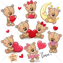 Cute Cartoon Teddy Bear set PNG, Valentines day, card, clipart, Sublimation Design
