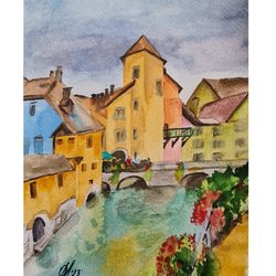 cityscape france original painting old houses art river channel artwork watercolor home decor