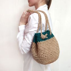 Bucket bag Crochet jute bag Drawstring bag Fancy bag Crochet sac Small shoulder bag with green top Mini backpack