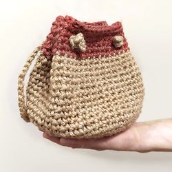 Bucket bag Crochet jute bag Drawstring bag Fancy bag Crochet sac Small shoulder bag with red top Mini backpack
