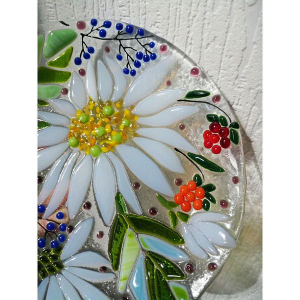 Fused glass candy dish with chamomiles - Fused glass art - Dessert plates with chamomiles