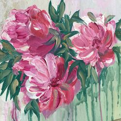 Acrylic painting "Flowers, Pink peonies" Original art