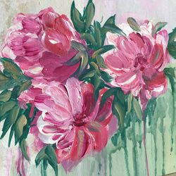 acrylic painting "flowers, pink peonies" original art