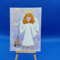 Guardian Angel Mini Picture Angel Wings Art Bird Painting Child Gift Spiritual Picture Bedside Painting Original