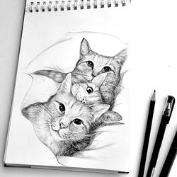 cats drawing for download digital file graphics pets portrait printable art poster wall decoration