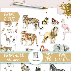 Printable African Animals Planner Sticker Kit, Safari Decal, Adventure Sticker, Giraffe, Zebra & Elephant Die Cuts, PDF