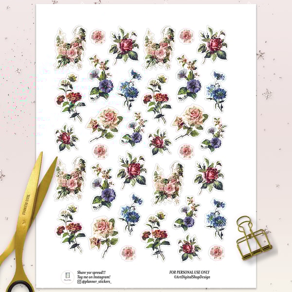 Vintage Flowers Die Cuts, Printable Junk Journal Stickers, F | Inspire ...