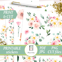 Watercolor Summer Flower Sticker Kit Printable, Scrapbooking Floral Set, Journal Bundle, Bujo Decorative Stickers, PDF
