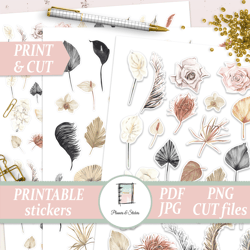 summer sticker sheets, tropical leafs die cuts printable, watercolor decal, scrapbooking supplies, daily planner