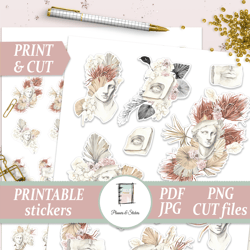 vintage journal sticker kit, antique die cuts printables, tropical flowers decals, erin condren planner set, scrapbook