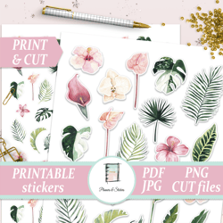 printable tropical floral planner stickers, hawaiian flowers stickers, nature stickers, erin condren, happy planner