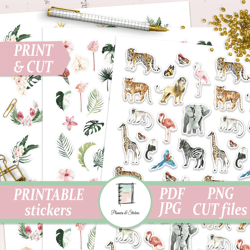 Tropical Stickers Printables for Erin Condren, Happy Planner, Hobonichi, Small Size Die cuts, Scrapbook Kits, Animals